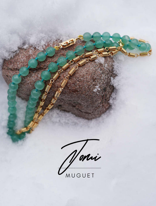 2 Ways - Natural green stones and gold plated spring necklace